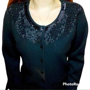 Brooks Brothers Black Heavy Merino Wool Knit Beaded Holiday Cardigan